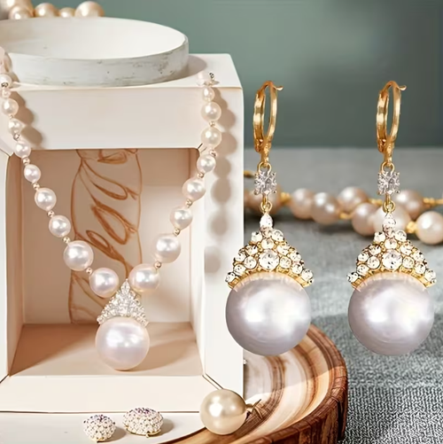 Pearl Necklace, Pendant, and Earrings 3-Piece Set