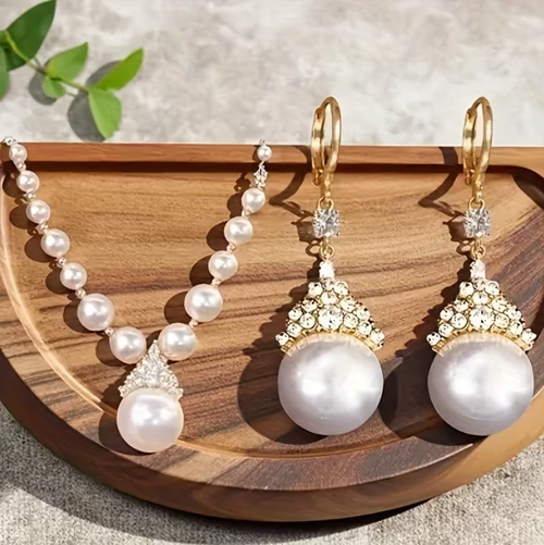 Pearl Necklace, Pendant, and Earrings 3-Piece Set