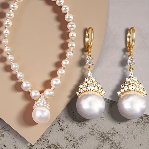 Pearl Necklace, Pendant, and Earrings 3-Piece Set