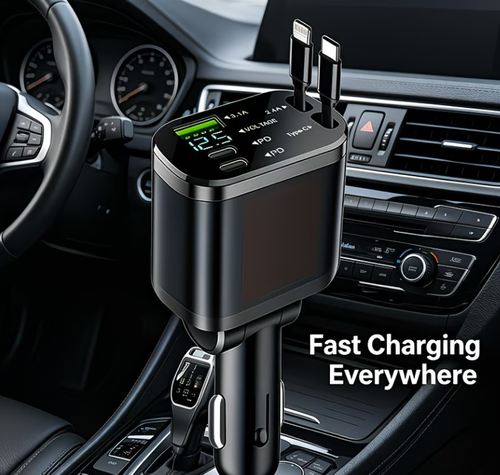 New 5-in-1 universal car charger compatible with all vehicle models. Includes two retractable charging cables, one USB port, and two PD ports. The 5-in-1 design allows for simultaneous charging across all five ports. Features 180° rotation and a digital voltage display. Compatible with iPhone, Xiaomi, Android, and other electronic devices. Universal fit for all vehicle models.