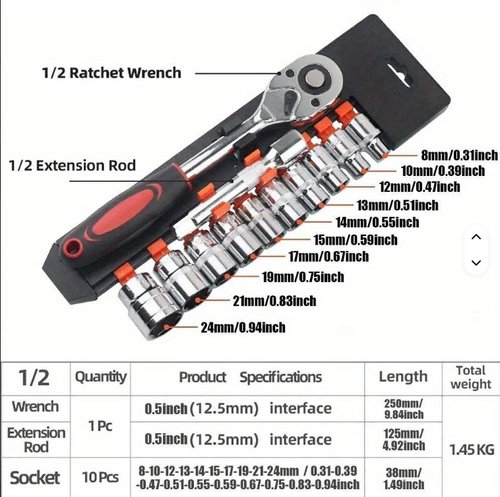 12-Piece 1/2-Inch Ratchet Socket Set