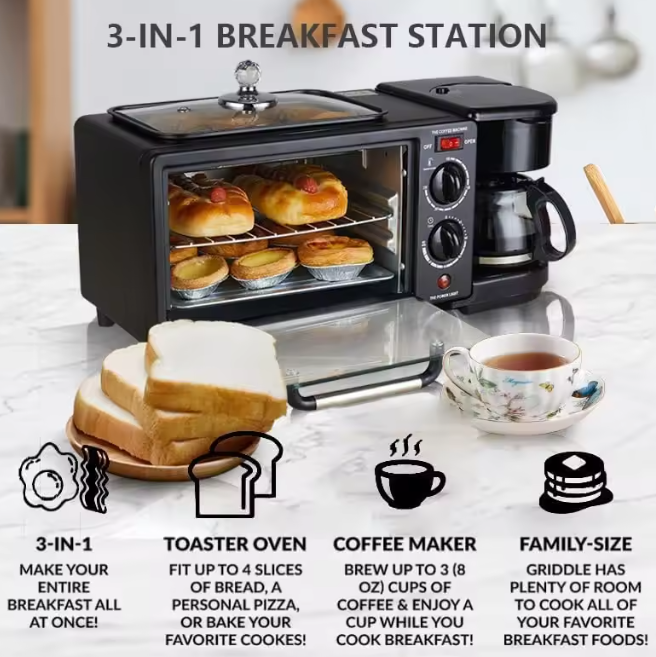 máquina de pequeno-almoço, forno multifunções 3 em 1 para sanduíches e torradas