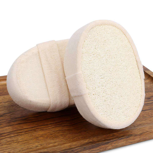 Natural loofah bath sponge with color band, shower puff, exfoliating spa skincare brush, effective for scrubbing the body