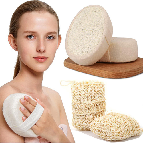 Natural loofah bath sponge with color band, shower puff, exfoliating spa skincare brush, effective for scrubbing the body