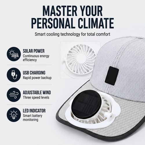 Breathable Sun Hat Baseball Cap with Built-in Solar Cooling Fan
