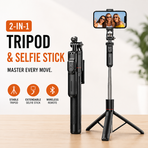 📹📱2-in-1 Tripod & Selfie Stick - Master Every Move,BLACK SELFIE STICK