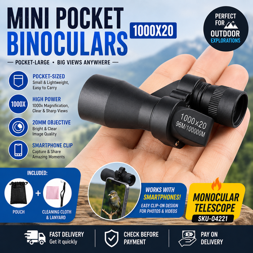 🔭 Mini Pocket Binoculars (1000x20): Pocket-Large + Smartphone Clip – Perfect for Outdoor Explorations SKU-04221 MONOCULAR TELESCOPE,MONOCULAR TELESCOPE