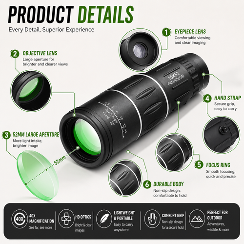 16x52 HD Monocular Telescope for Safari Bird Watching and Travel in Kenya