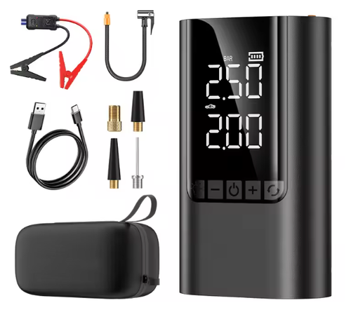 This portable 12V digital display wireless air pump features a built-in 6000mAh high-capacity battery, is made of ABS material, and is equipped with a tire pressure gauge, used for inflating car tires and monitoring tire pressure.