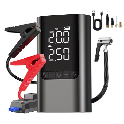 This portable 12V digital display wireless air pump features a built-in 6000mAh high-capacity battery, is made of ABS material, and is equipped with a tire pressure gauge, used for inflating car tires and monitoring tire pressure.