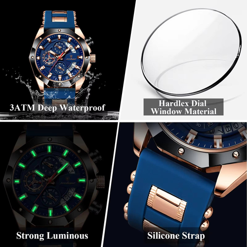 Men's mechanical luminous watch, waterproof wristwatch, blue silicone strap, Seagull movement.