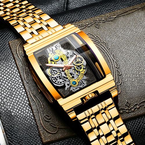 w'x Omega Men's Watch Fashion Hollow Carved Large Dial Barrel Waterproof Clock Steel Band Male's Business Quartz Watches
