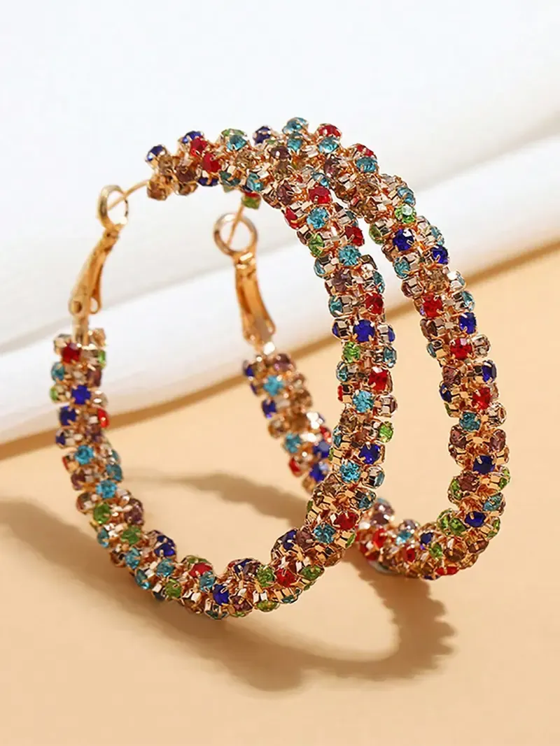 🌟Colorblock Rhinestone Decorated Hoop Earrings for Women🚀