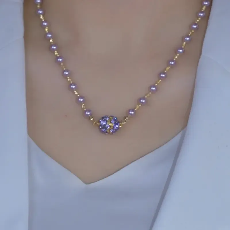 ✨Purple Bead Pendant Necklace 14K Gold Plated Crystal Round Design✨