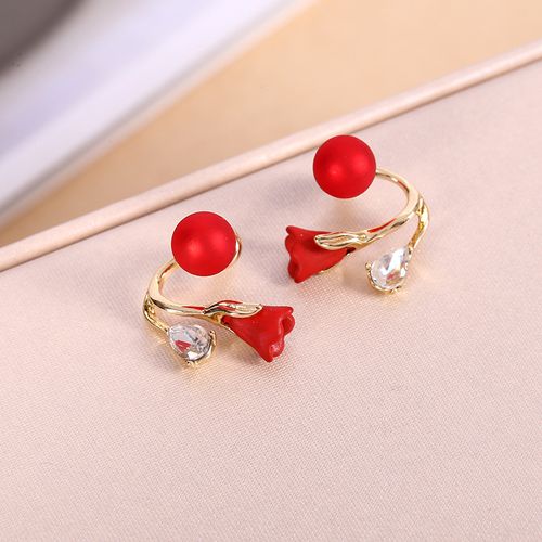 Elegant Temperament Two Wear Earrings Diamond Crystal Ginkgo Red Flower Pearl Tulip Stud Earrings with Women