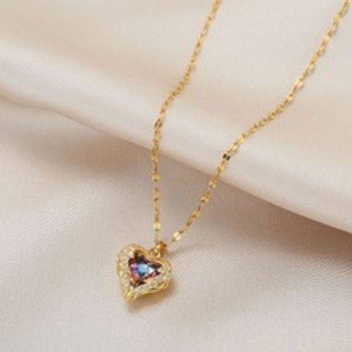 Luxury Zircon Romantic Stainless Steel Women's Anniversaries Blue Ocean Love Heart Pendant Necklace