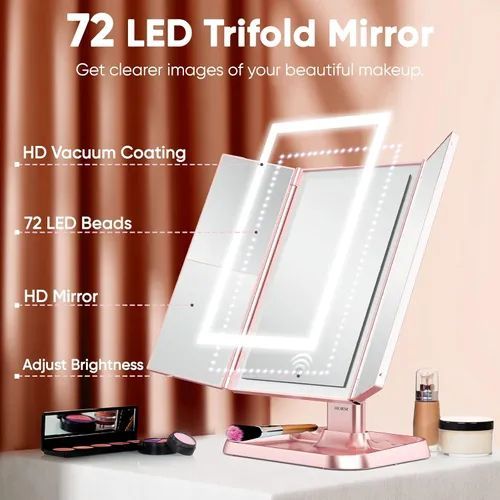 Desktop Tri-Fold LED Lighted Makeup Mirror - Rechargeable & Foldable Shell-Style | Valentine's Day Gift