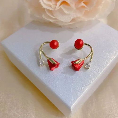 Longer Style Light Luxury Red Micro-Inlaid Zircon Tulip Flower & Pearl Drop Earrings