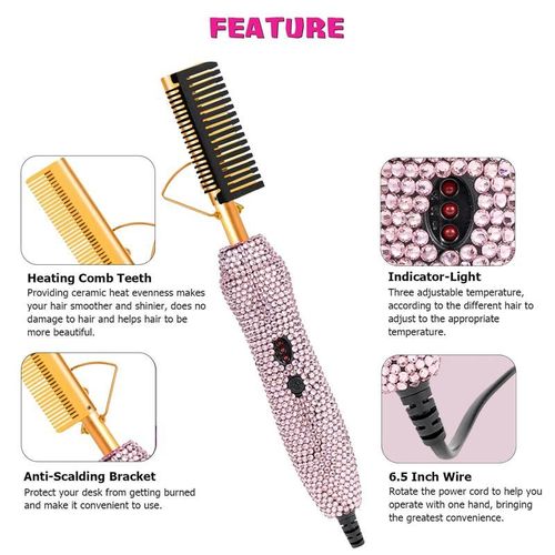 Sparkling Diamond-Trimmed Electric Hair Straightener Comb | One Comb for Smoothness, Fast Styling Tool for Curly Hair Straightening