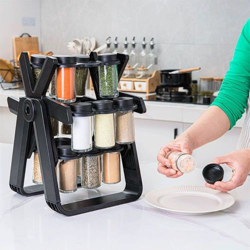 Rotating Spice Rack Organizer Set with Glass Jars - Kitchen Seasoning Storage Shelf