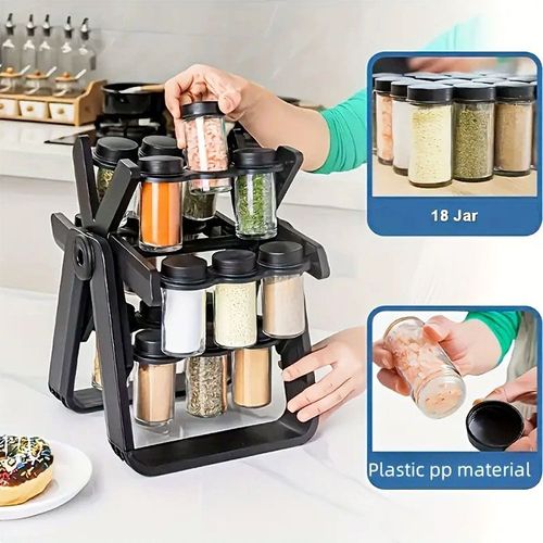 Rotating Spice Rack Organizer Set with Glass Jars - Kitchen Seasoning Storage Shelf