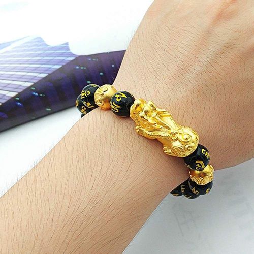 Good Luck Gold Wealth Jewelry Black Buddha Obsidian Beads Feng Shui Mantra Wealth Double Pixiu Proverb Bracelet