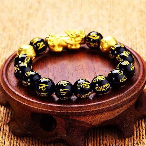 Good Luck Gold Wealth Jewelry Black Buddha Obsidian Beads Feng Shui Mantra Wealth Double Pixiu Proverb Bracelet