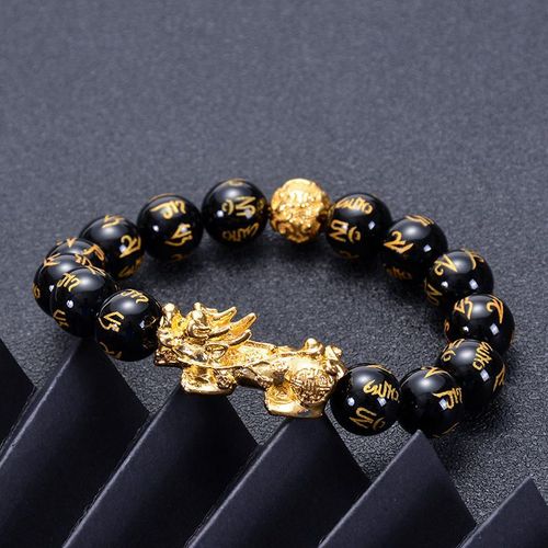 Good Luck Gold Wealth Jewelry Black Buddha Obsidian Beads Feng Shui Mantra Wealth Double Pixiu Proverb Bracelet