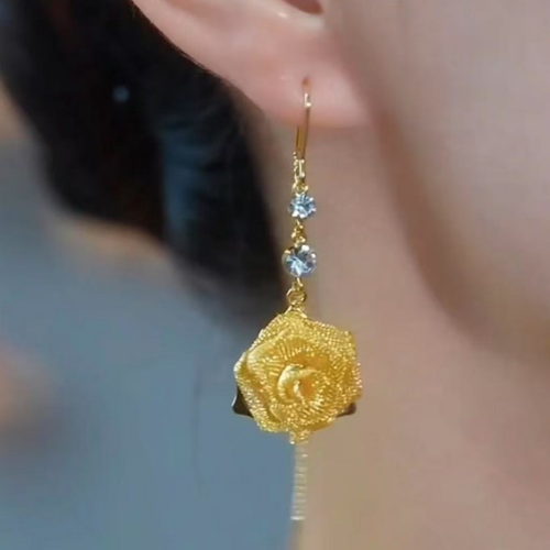 Long ear wire earrings made of copper alloy, featuring a niche, retro and three-dimensional yellow rose design. They are stylish with a French charm and extremely versatile.