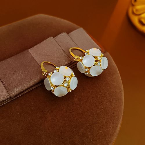 French Elegant Cat Eye Pearls Flower Basket Style Dangle Earrings Custom Jewelry for Women's Engagement & Wedding for Parties