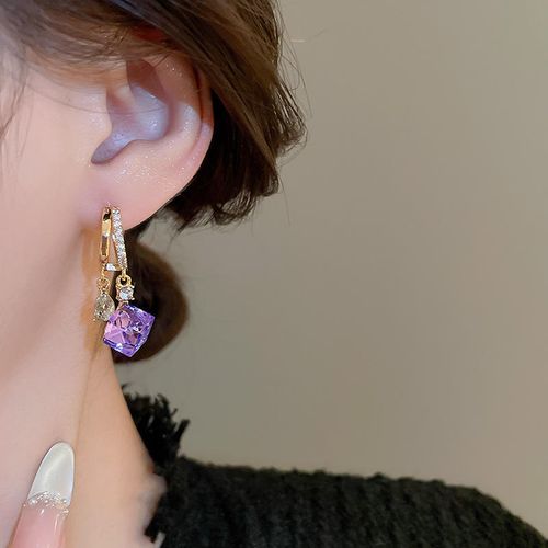Double Layer Water Droplet Purple Diamond - Genuine Gold Electroplated Fashion Elegant Luxury Stud Earrings for Women