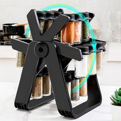 Rotating Spice Rack Organizer Set with Glass Jars - Kitchen Seasoning Storage Shelf