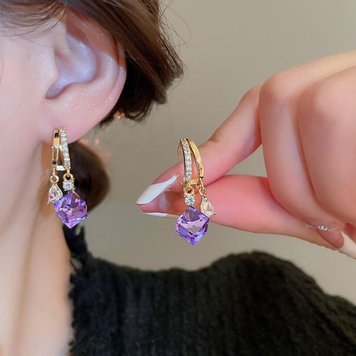 Double Layer Water Droplet Purple Diamond - Genuine Gold Electroplated Fashion Elegant Luxury Stud Earrings for Women