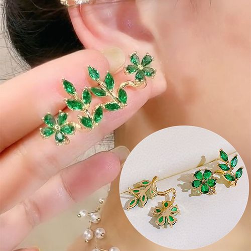 AL-08 Fashion Wholesale Women Earrings Ear Jewelry Green Leaf Flower Crystal Rhinestone Diamond Stud Ear Rings