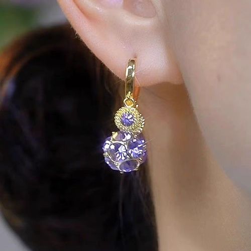 New Design Purple Crystal Ball Pendant Drop Earrings Rhinestone Geometric Hoop Earrings for Birthday Gift