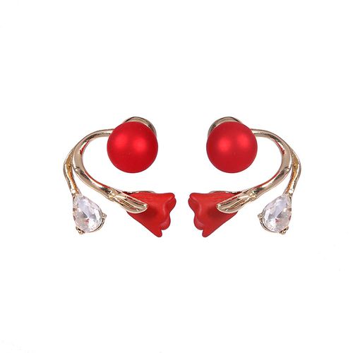 Elegant Temperament Two Wear Earrings Diamond Crystal Ginkgo Red Flower Pearl Tulip Stud Earrings with Women