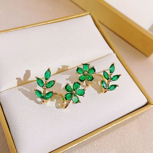 AL-08 Fashion Wholesale Women Earrings Ear Jewelry Green Leaf Flower Crystal Rhinestone Diamond Stud Ear Rings