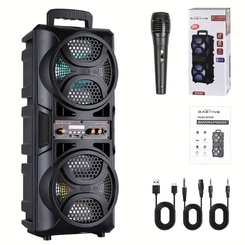 Dual 6.5 Inch Subwoofer Party Speaker Portable DJ Karaoke Tower with RGB Lights Wireless Microphone FM Radio