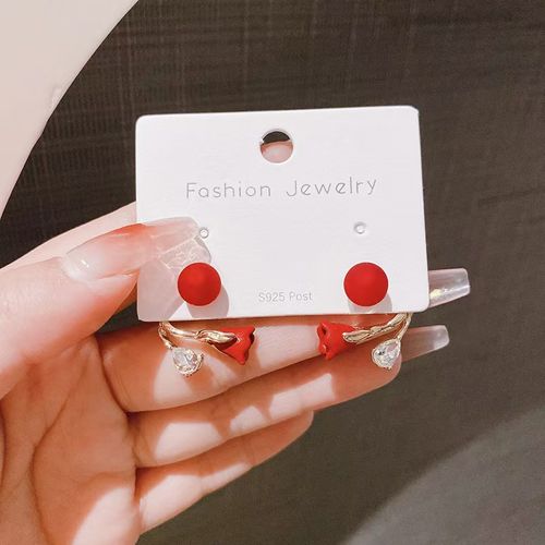 Elegant Temperament Two Wear Earrings Diamond Crystal Ginkgo Red Flower Pearl Tulip Stud Earrings with Women