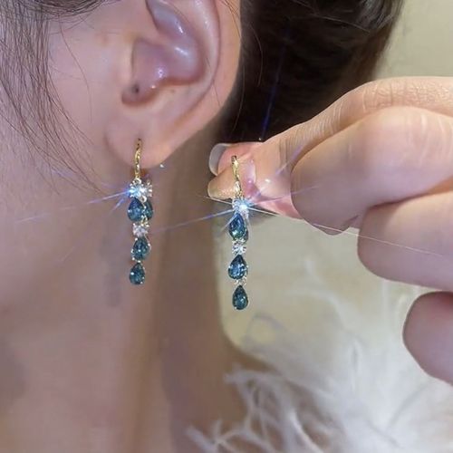 Korean Super Flash Hoop Earring Blue Crystal Drop Earrings Women Temperament Tassel Earring