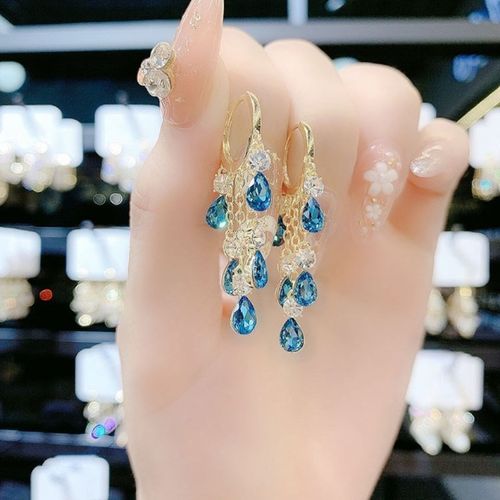 Korean Super Flash Hoop Earring Blue Crystal Drop Earrings Women Temperament Tassel Earring
