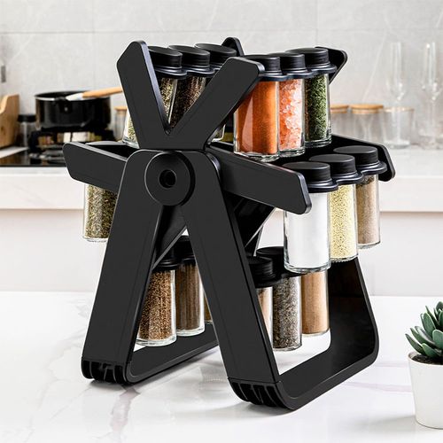 Rotating Spice Rack Organizer Set with Glass Jars - Kitchen Seasoning Storage Shelf