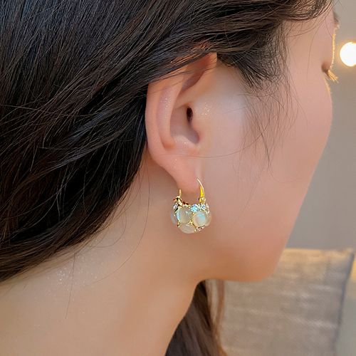 French Elegant Cat Eye Pearls Flower Basket Style Dangle Earrings Custom Jewelry for Women's Engagement & Wedding for Parties