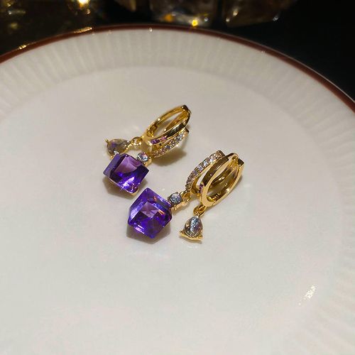 Double Layer Water Droplet Purple Diamond - Genuine Gold Electroplated Fashion Elegant Luxury Stud Earrings for Women