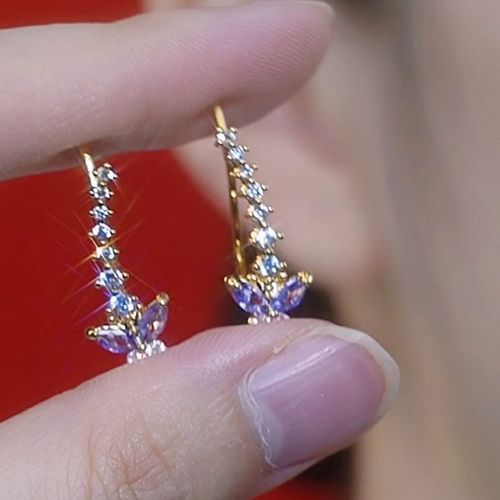 Hypoallergenic Needle Earring Jewelry Full Zircon Purple Butterfly Charm Hook Earring Rhinestone Sparkling Earring Jewelry