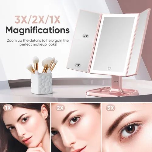 Desktop Tri-Fold LED Lighted Makeup Mirror - Rechargeable & Foldable Shell-Style | Valentine's Day Gift