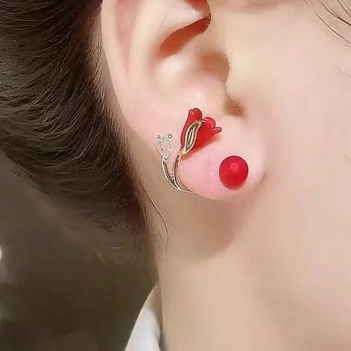 Elegant Temperament Two Wear Earrings Diamond Crystal Ginkgo Red Flower Pearl Tulip Stud Earrings with Women