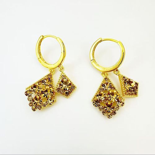 Advanced Coffee Colored Full Diamond Geometric Double-Layer Earrings Gold Plated Trendy Versatile Design for Women