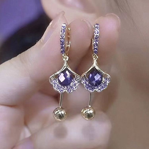 Fashion Jewelry Ginkgo Leaf Crystal Hoop Earrings for Women Irregular Purple Opals Diamond Drop Earrings Female