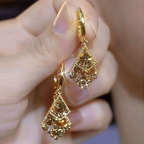 Advanced Coffee Colored Full Diamond Geometric Double-Layer Earrings Gold Plated Trendy Versatile Design for Women
